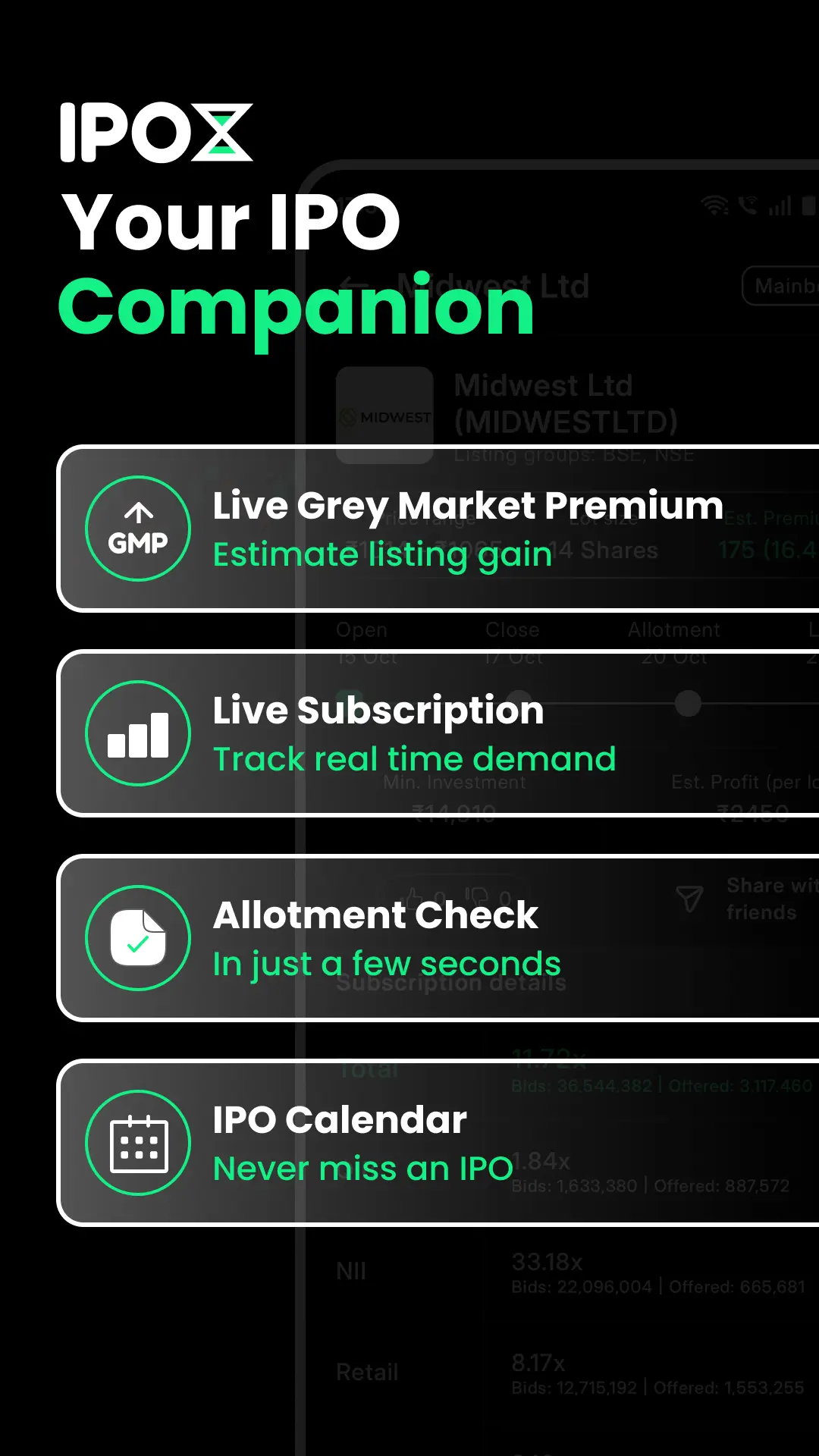 IPOX home menu listing GMP and premium, live subscription, allotment check, IPO calendar and company financials