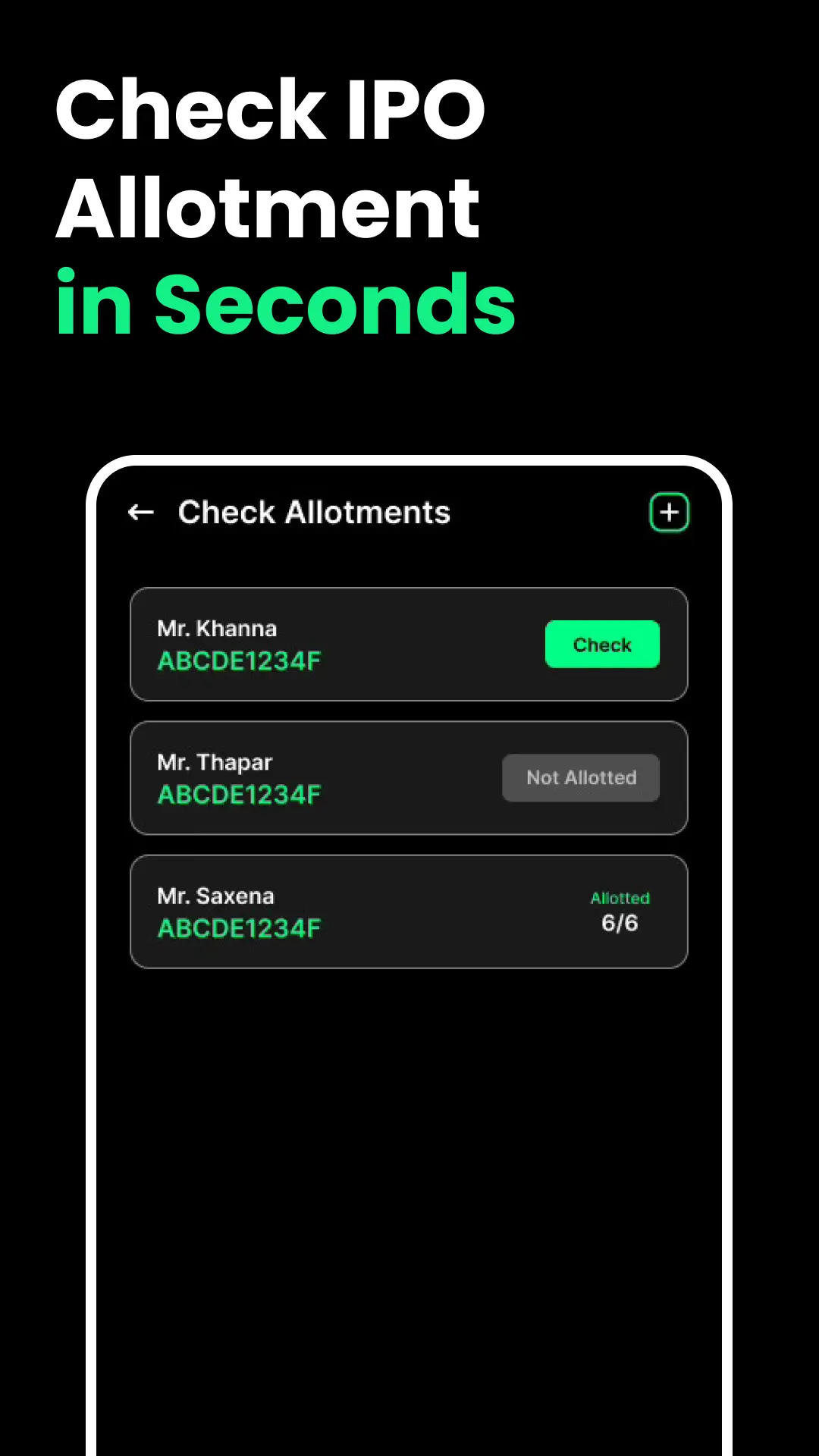 IPOX Quick Allotment Check screen listing saved applicants with allotted and not-allotted statuses
